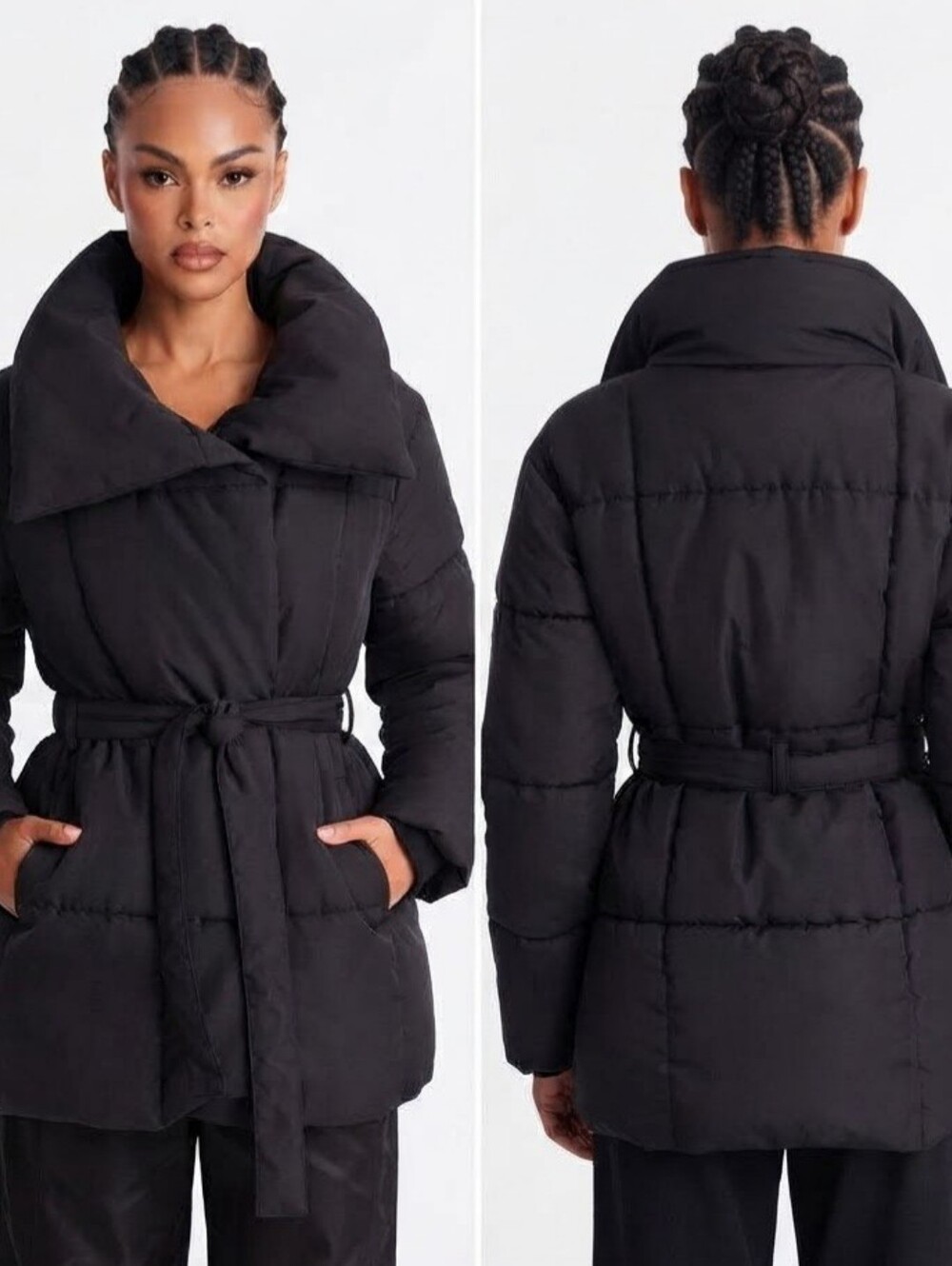 Black Puffer Belted Jacket